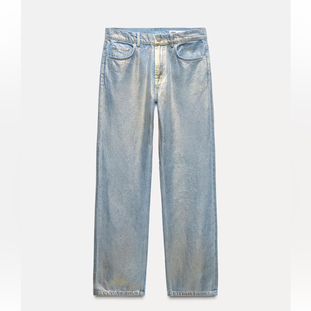 NWT Zara Signature Denim - The Mid Rise Straight in Gold Foil